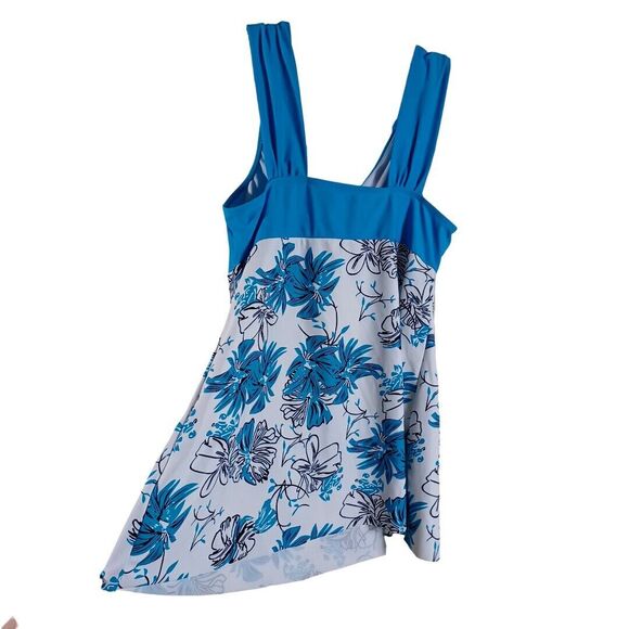 Tankini Women's Beach Swimsuit Cinched Top Blue White Black Floral Size XL - Picture 5 of 6
